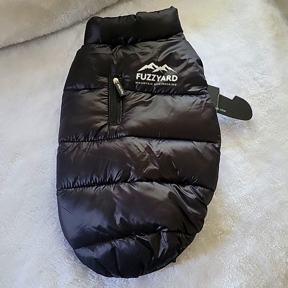 Size 2 black puffer dog coat with velcro fasteners and zipper back closu…